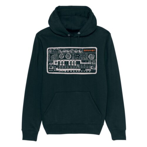 BlagArt designed silver Roland 303 with orange Smitten logo on a black organic cotton hoodie.