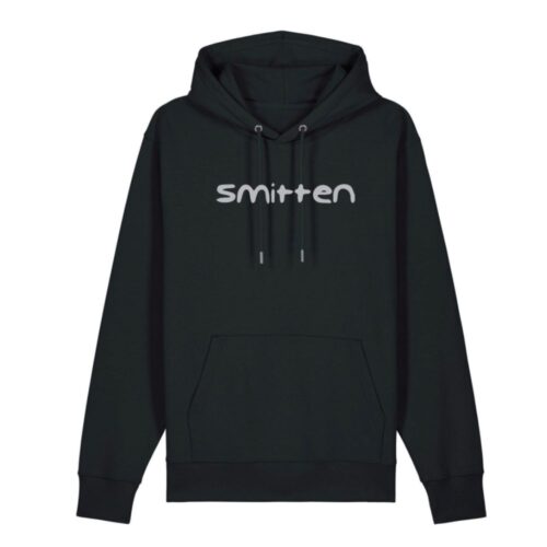 Silver classic Smitten logo on a black organic cotton hoodie