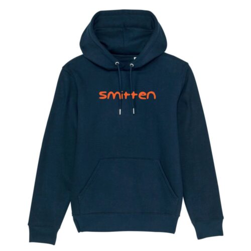 Orange classic Smitten logo on a navy organic cotton hoodie