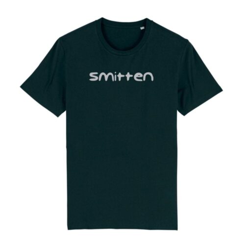 Silver classic Smitten logo on a black organic cotton T-shirt