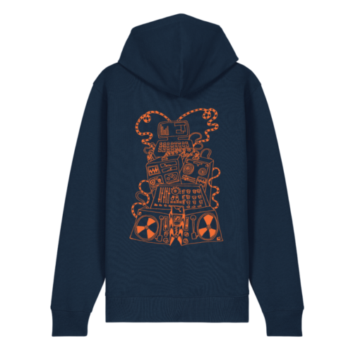 Orange Smitten System print on the reverse of a organic cotton navy hoodie.