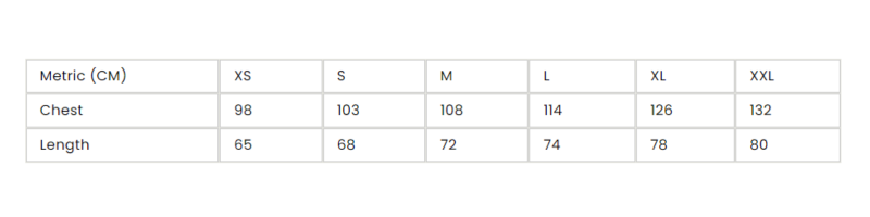 Size chart for organic cotton hoodies. Smitten