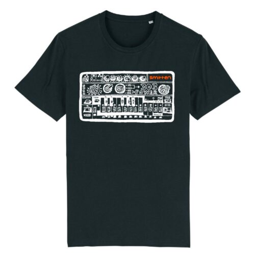 BlagArt designed white Roland 303 with orange Smitten logo on a black organic cotton t-shirt.